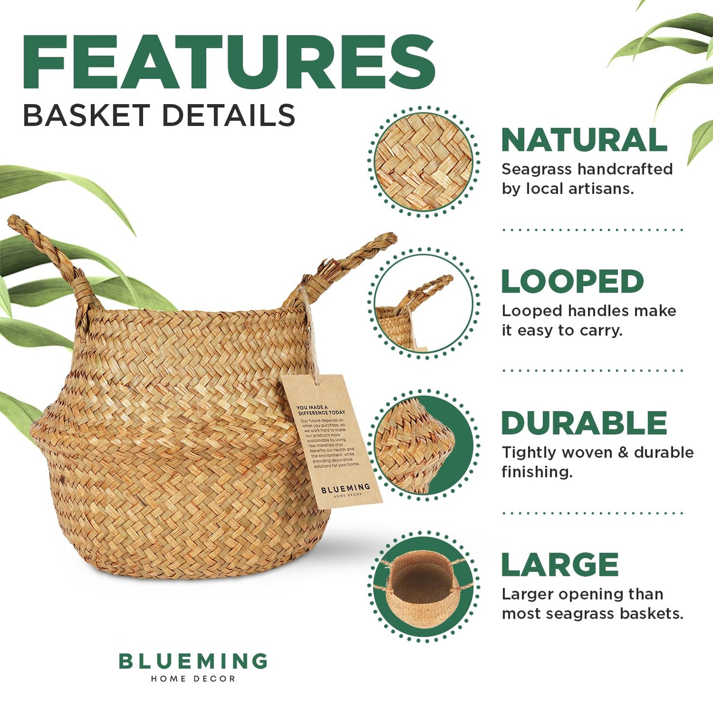 Basket Planter for Indoor Plants – 7 Inch Small Woven Wicker Pot for Olive Tree, Faux Plants, or Snake Plant, Handwoven Seagrass Basket with Handles (Original, Small)