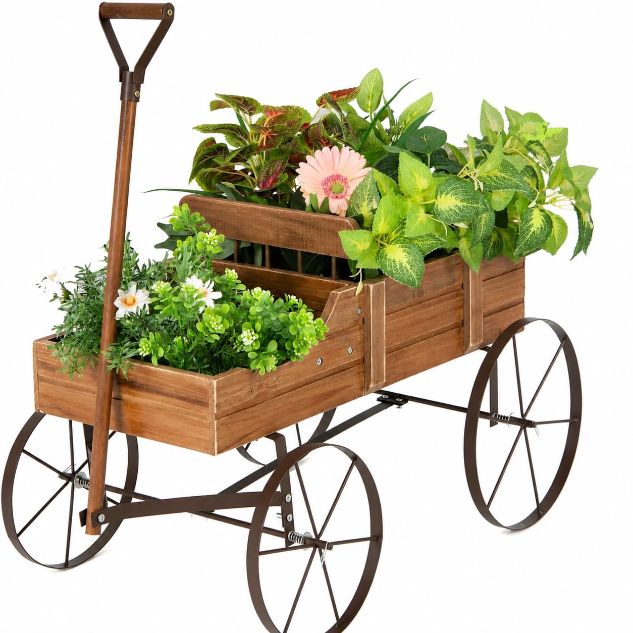 DORTALA Wood Wagon Planter, Outdoor Garden Flower Planter Cart with Wheels, Small Decorative Wood Raised Bed Plant Pot Box Stand for Backyard, Patio, Balcony, Natural