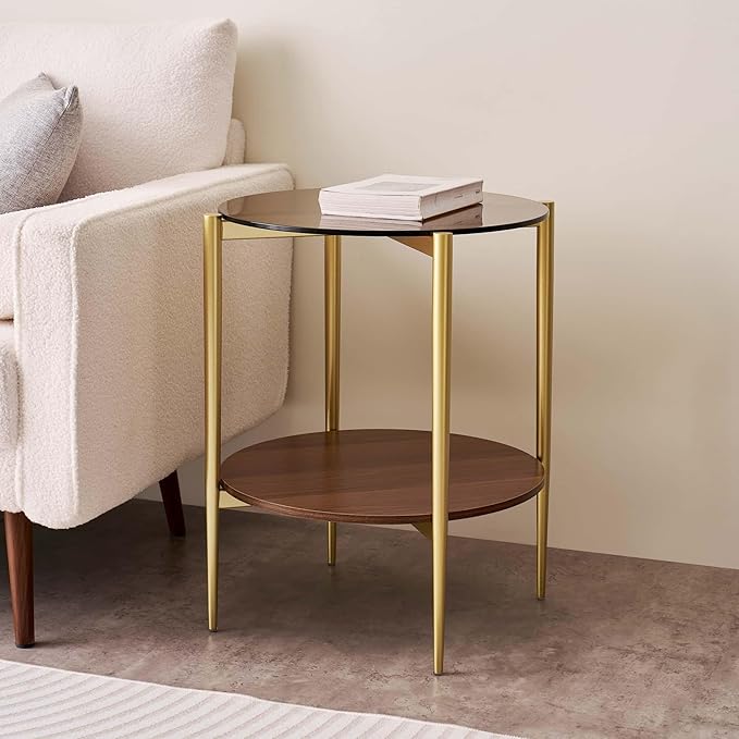LumFurn Round Glass End Table, Mid-Century Modern Design Sofa Table