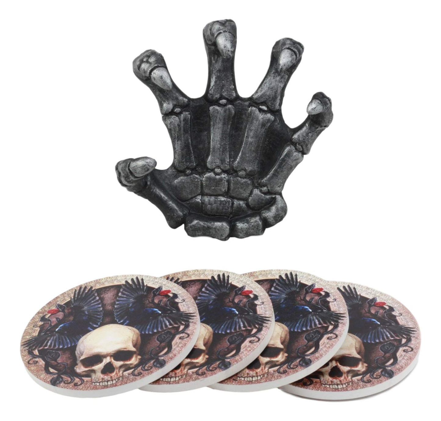 Ebros Gothic Alchemy Clutch of The Dead Skeleton Hand Resin Coaster Figurine Holder with 4 Skull Raven Tile Coasters Set Furniture Protector Ossuary Macabre Halloween Spooky Home Decor Accent
