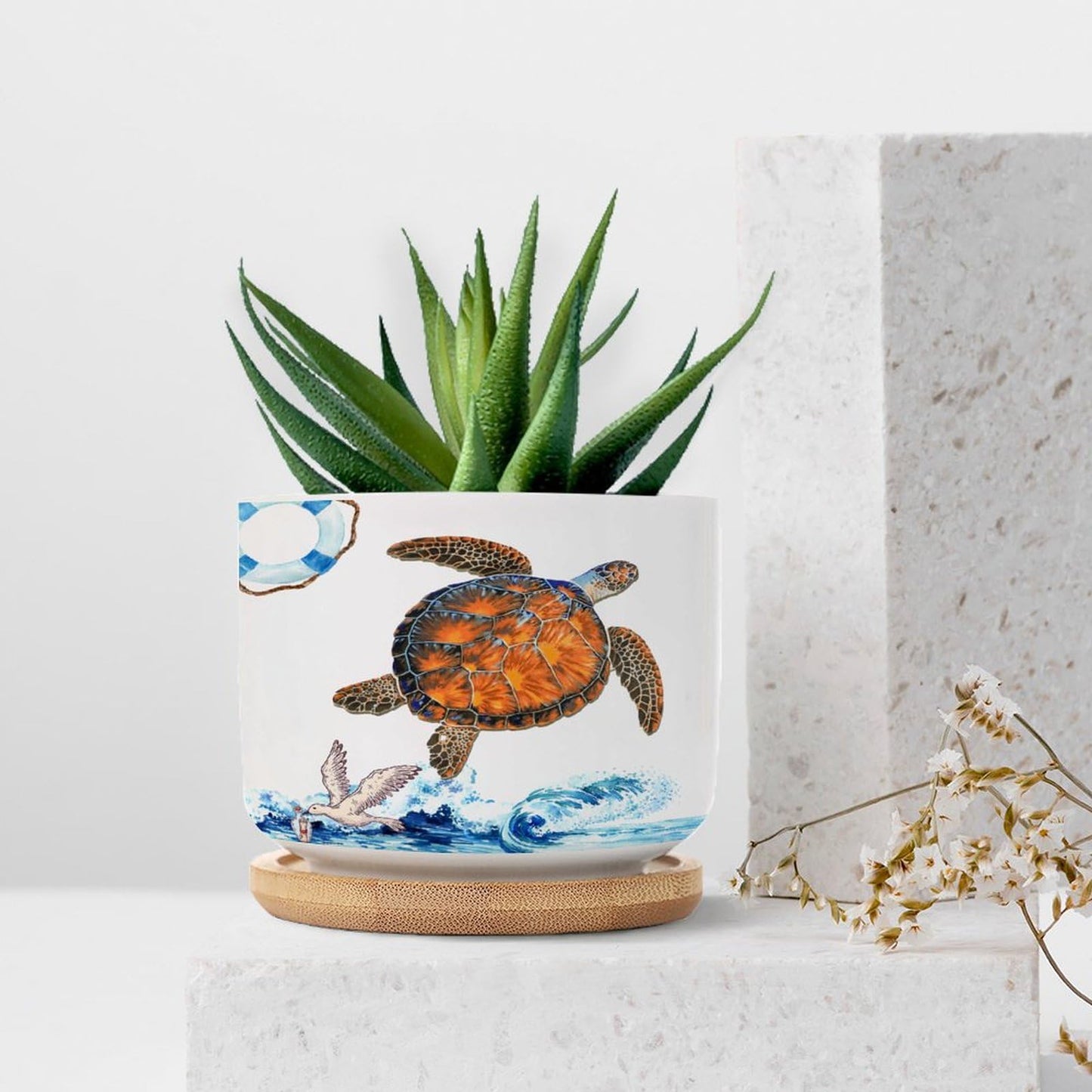 DreamAutumn Ocean Theme Sea Turtle Ceramic Pots for Plants with Drainage Holes Round Flower Pot Bamboo Tray Orchid Pot Succulents Pots for Outdoor Indoor Plants,Housewarming Gifts