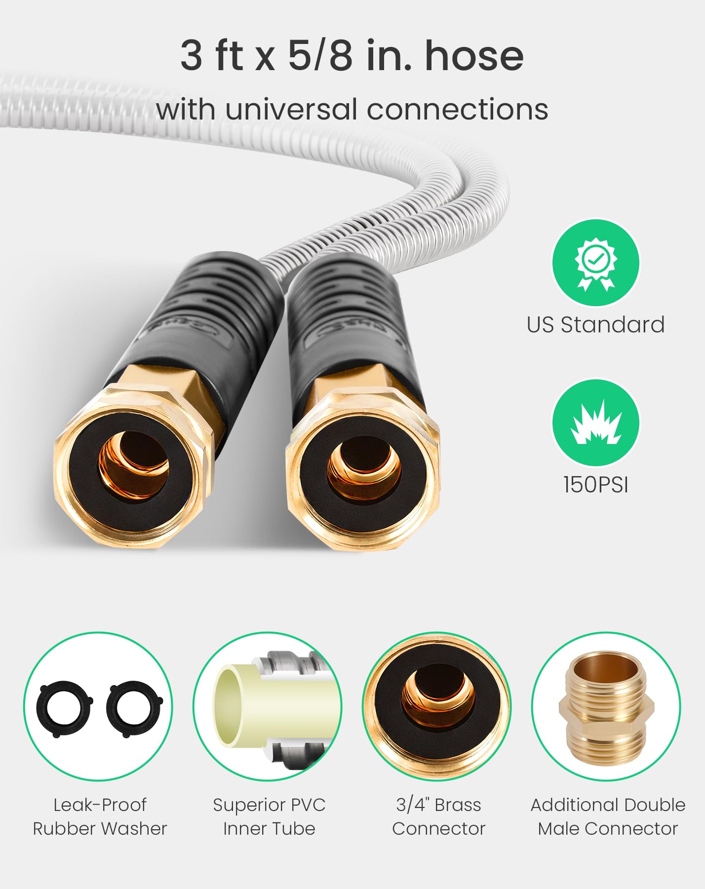 Cesun Short Garden Hose 3 ft with Female to Female Connector, Small Metal Leader Hose, Drinking Water Hose, Flexible, Lightweight Stainless Steel Water Pipe for RV, Outdoor, Yard, 3ft x 5/8"