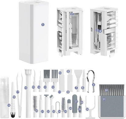 32-in-1 Multi-Functional Cleaning Kit for Electronics inlcuding Headphones,Mobile Phones,Computer,Monitor,Lens and etc, Compact and Portable Design, White