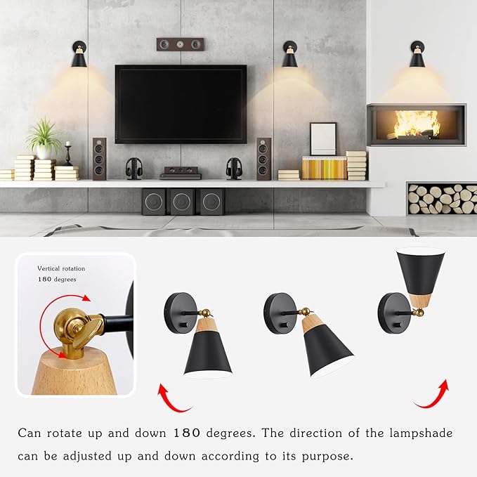 Wall Sconce Lighting Fixture with Metal Shade, On/Off Switch, Indoor Decor Wall Mount Swing Arm Lamp for Bedroom,Hallway,Living Room,Reading, Black