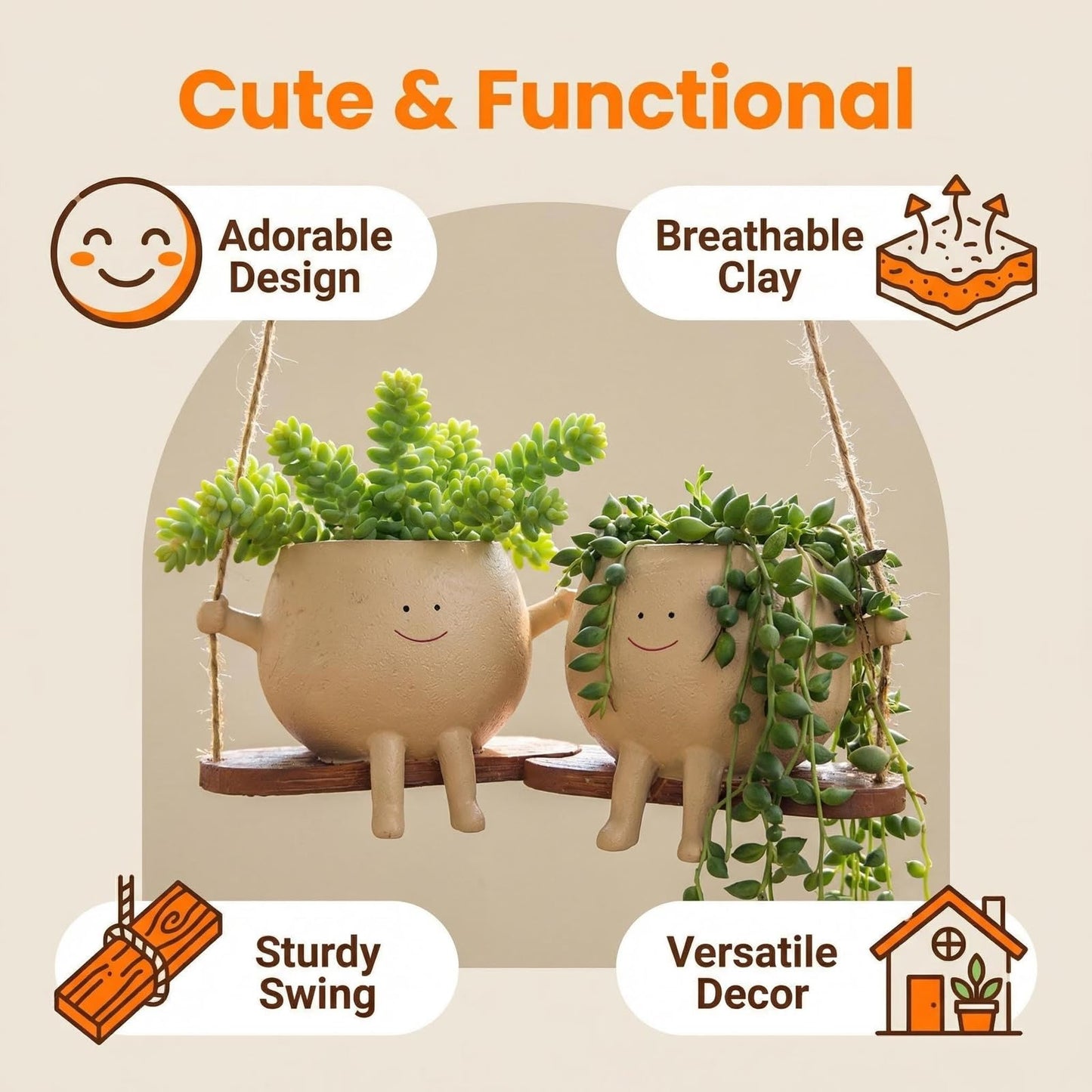 TEARS OF GAIA Hanging Planters for Indoor Plants, Lovely Face Planter Pot Cute Resin Flower Head Planters with Drainage, for Mom, Funny Succulent Plant Lover Gift for Plant Lovers (Small Swing)