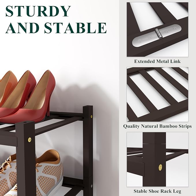Smiry Long Bamboo Shoe Rack, 5 Tier Free Standing Wooden Shoe Organizer, Stackable Wood Shoe Storage Shelf for Closet, Entryway, 12 Vertical Slats, 2+2+1 Stack Standard Legs, 33.7"x11"x32.5", Brown