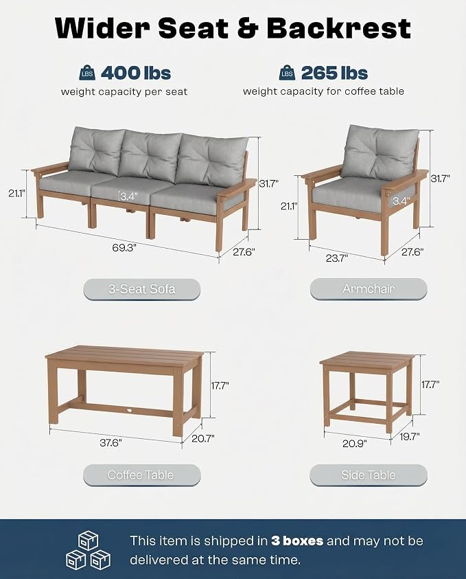 HDPE Outdoor Patio Furniture Set, 10-Piece Patio Conversation Set with 3-Seat Sofa, 4 Armchairs, 2 Side Tables & 1 Coffee Table, All-Weather Outdoor Sofa Set for Deck, Porch, Garden (Teak Frame)