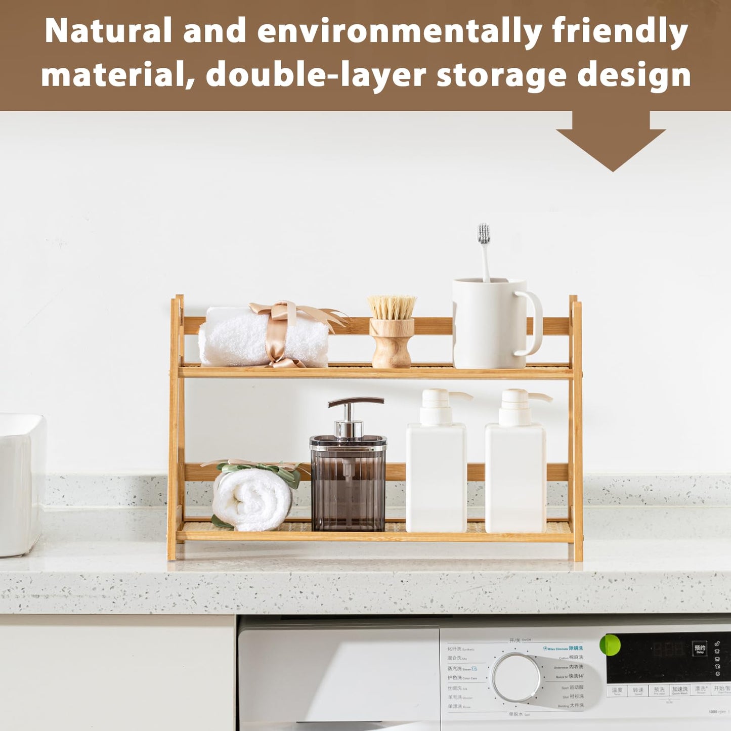 Yalikop 2 Pcs 17.7 Inch 2 Tier Matcha Station Shelf Bamboo Coffee Mug Stand Countertop Storage Rack, Double Layer Rattan Office Cup, Kitchen, Tea, Plant, Bar Accessories Condiment Display (Wood)
