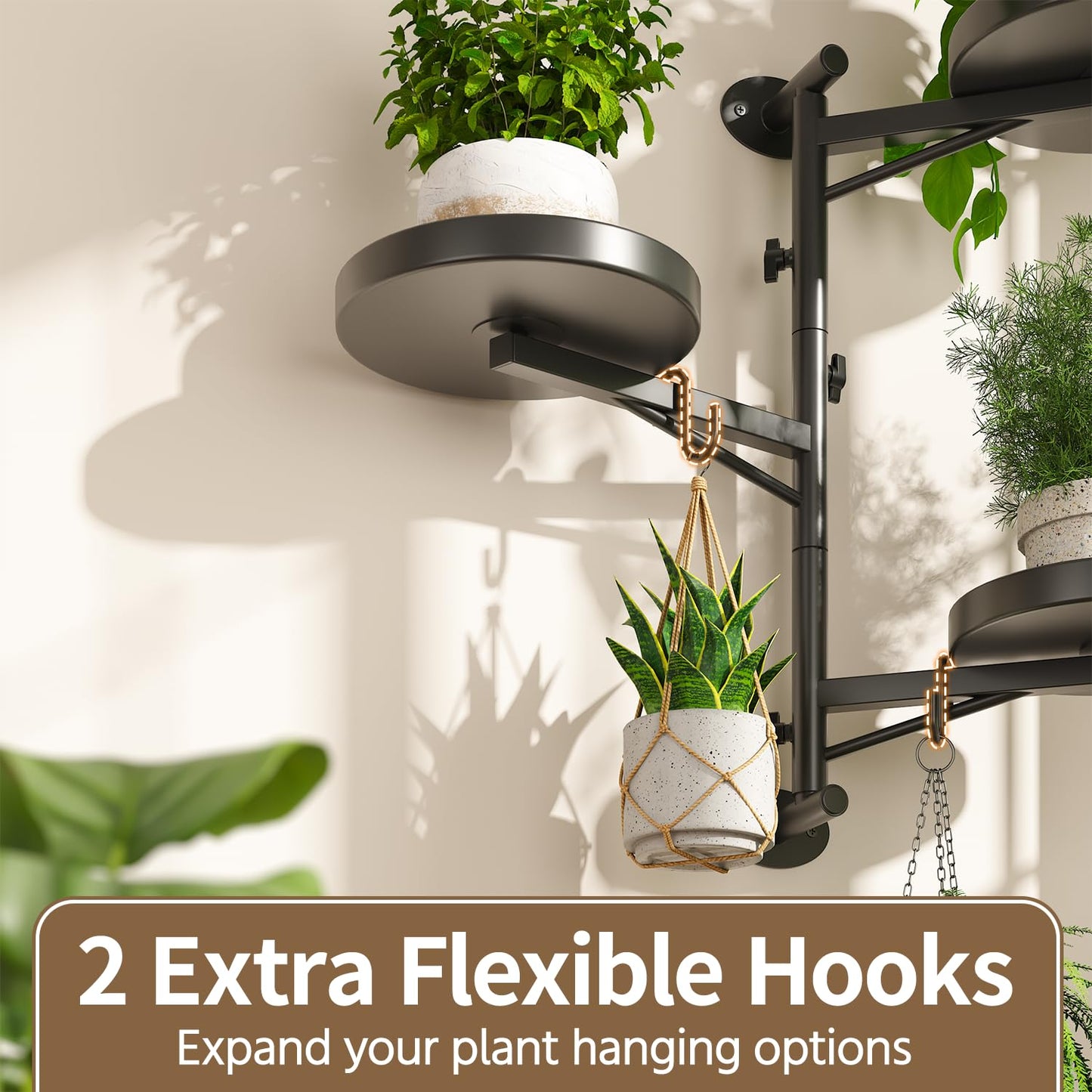 LASZOLA Rotating Plant Hangers Shelves Wall Mounted Indoor, 3 Tier Metal Window Plant Hanging Holders, Morden Floating Flower Display Stand with 2 Hooks for Kitchen Bathroom Decor, Black