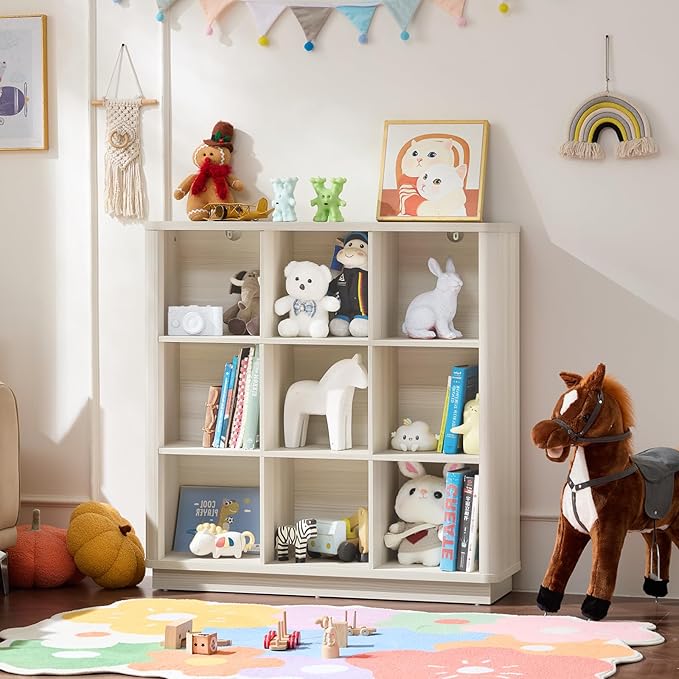 9 Cube Storage Book Shelf, Wood Floor Standing 3-Tier Cubby Bookshelf