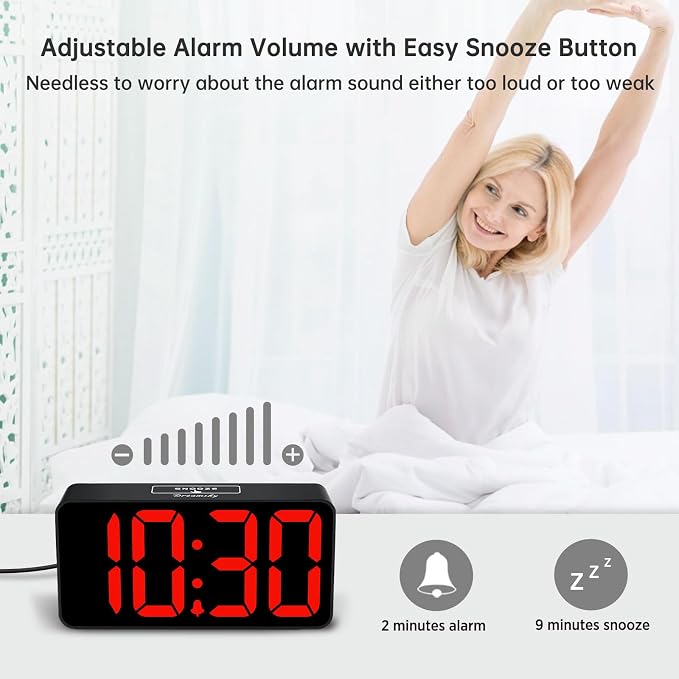 DreamSky Small Digital Alarm Clock for Bedroom with Large Big Numbers | Electric Bedside Desk Clock with USB Charging Port, Brightness Dimmer, Adjustable Alarm Volume, USB-C Adapter Powered