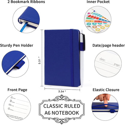 feela 6 Pack Pocket Mini Notebooks Bulk, Small Cute Memo Notepads Hardcover College Ruled Lined Journals with Pen Holder for School Business Work, with 6 Black Pens, 3.5”x 5.5”, A6, Navy