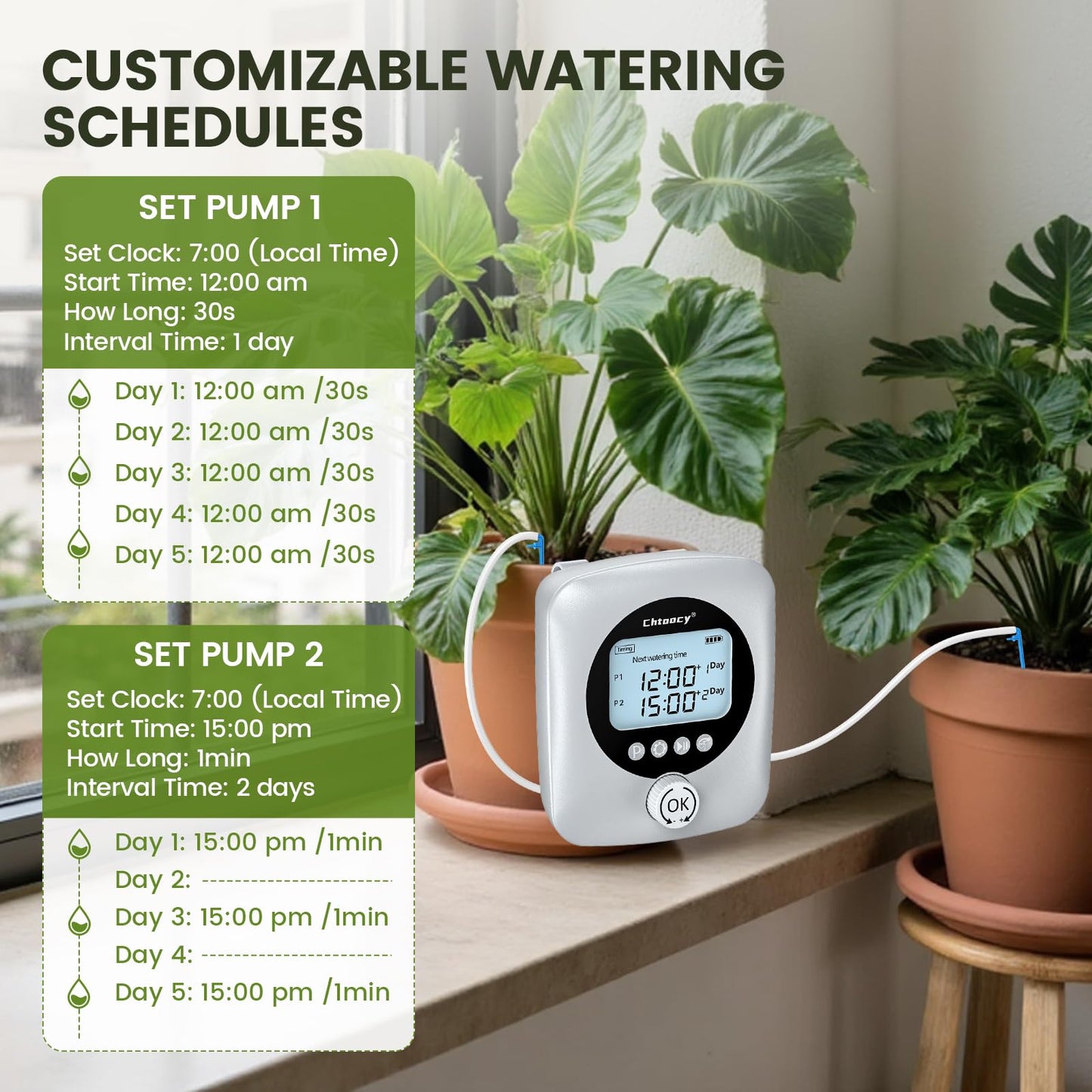 Chtoocy Automatic Plant Waterer for 30 Potted Plants - 98FT Dual Pumps Automatic Watering System, Vacation Self Watering Drip Irrigation System & Plant Watering Device with Programmable Water Timer