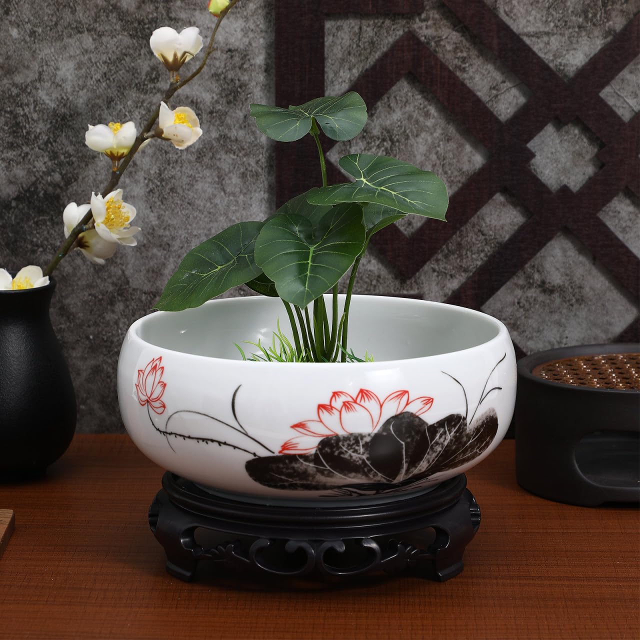 Yardwe Ceramic Hydroponic Planter Pot with Plastic Base, 7.08 Inch Round White Ceramic Lotus Bowl for Indoor Plants, Water Lily, and Home Decoration