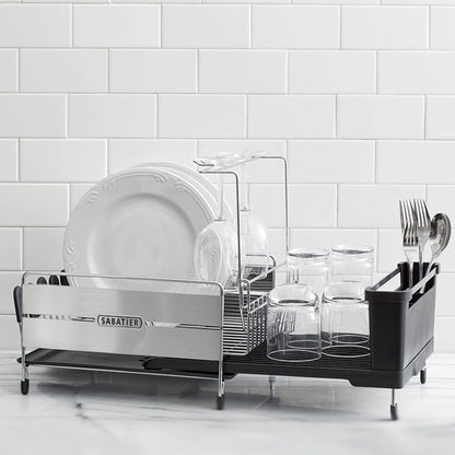 Sabatier Expandable Dish Drying Rack with Drainboard - Stainless Steel Dish Rack for Kitchen Counter, Stemware Holder and Utensil Caddy Included