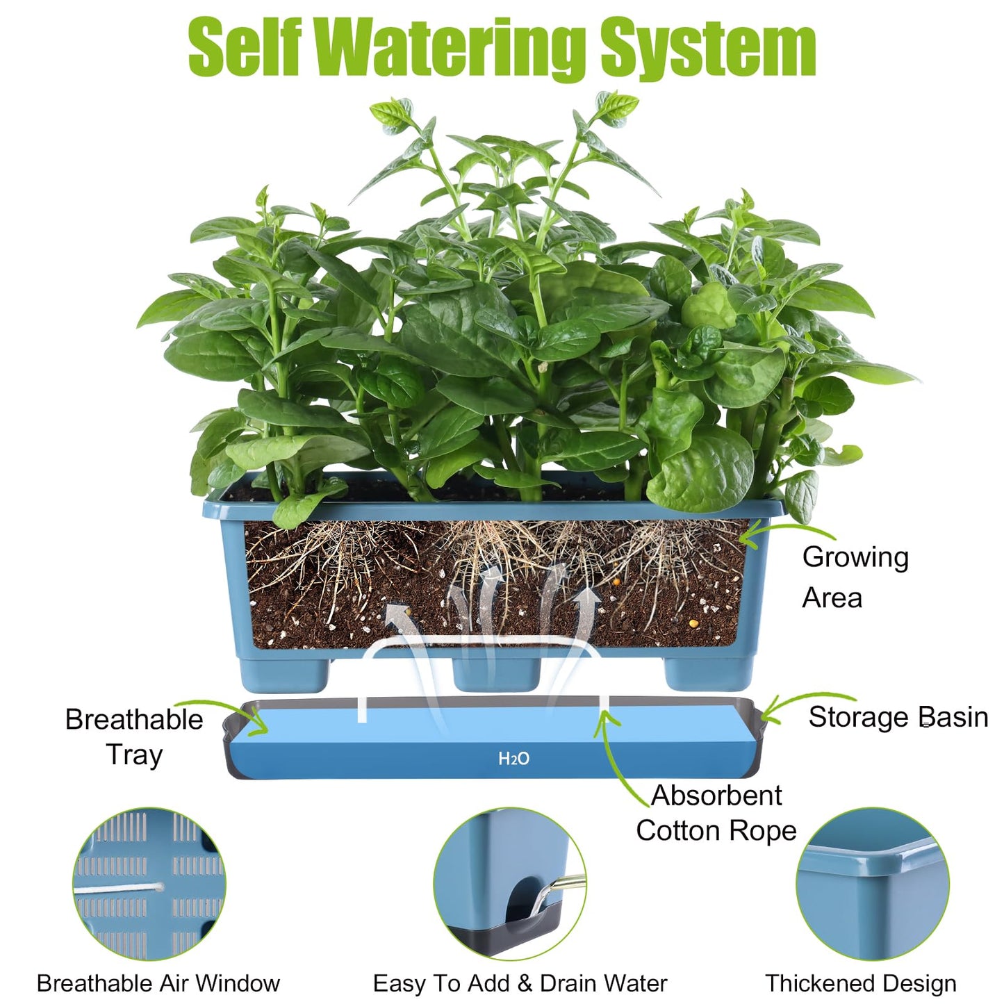 Oliz Window Box Planter 8 Pcs, 17 Inches Rectangle Flower Pots with Drainage Holes and Trays, Vegetable Planters for Windowsill Patio Garden Balcony Home Porch Yard Indoor Outdoor (Blue)