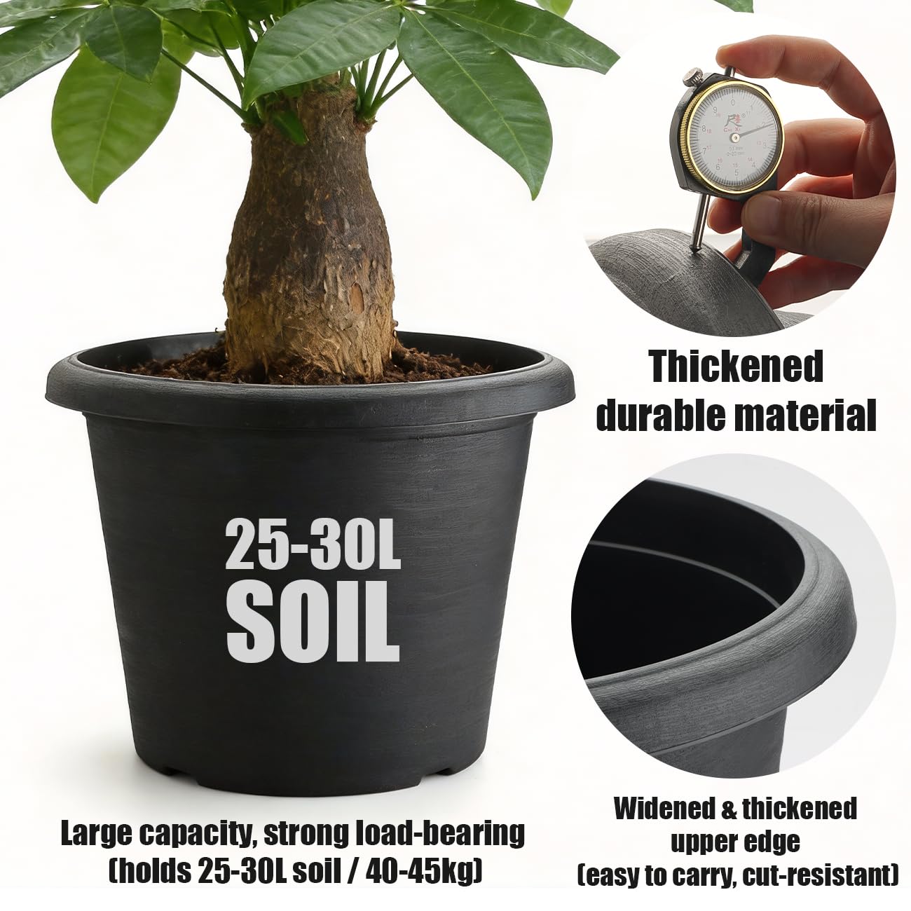 4 Pack 16 Inch Large Planters, Plastic Heavy-Duty Plant Pots with Drainage Holes - Flower Pots for Indoor & Outdoor Plants - 30L Capacity, 16" Dia & 12" Tall, Cement Textured Patio Garden Containers