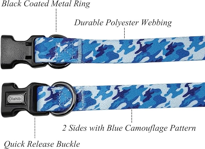 Dog Collar Leash Set, Camouflage Pattern, Polyester Material, Adjustable Collar and 5ft Matching Leash, for Puppy Dogs.(XS, Blue Camo)