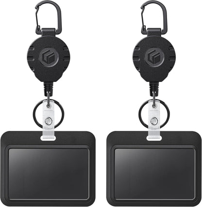 Uniclife 2 Pack Sliding Badge Holder Horizontal Hard Plastic Case with Retractable Keychain Badge Reel for up to 8 oz Card Protector for ID Credit Card Proximity Key Card Driver’s License and Pass