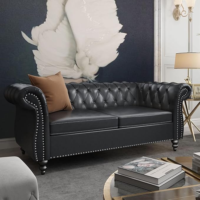 Mid-Century 2 Seater Sofa, Faux Leather Loveseat
