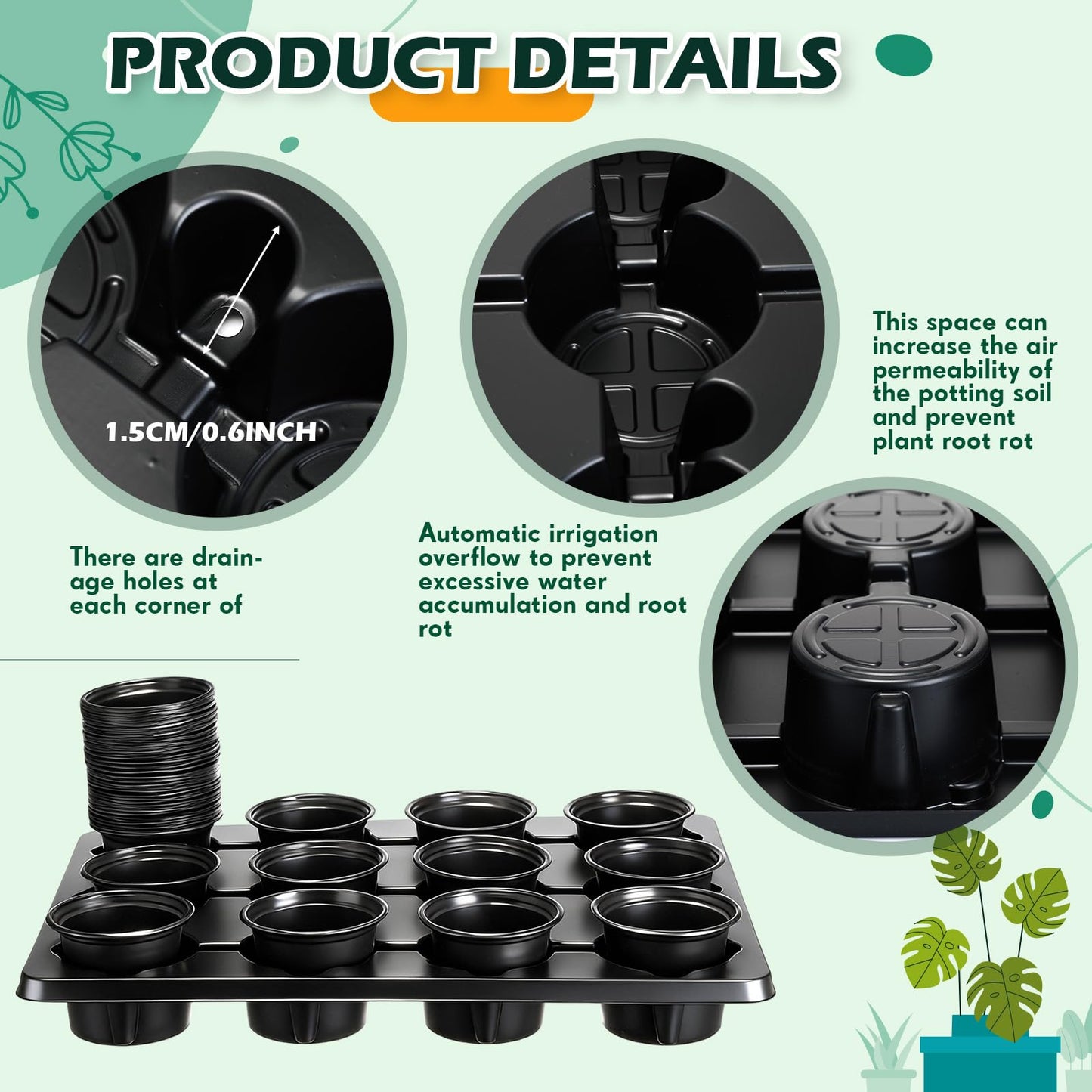 Baderke 96 Pcs 4 inch Seedling Pots and 8 Pcs 12 Cell Reusable Plastic Nursery Pots Trays Thick Sturdy Seeds Starting Germination Carrying Trays Black Small Planter Nursery Propagation 8 Sets(Black)