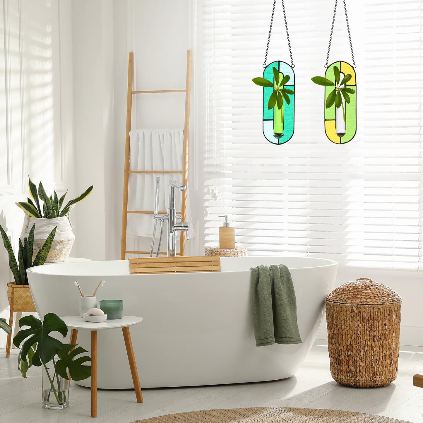 Yiyiring 2 Sets Stained Glass Window Hanging Propagation Window Propagation Stations Planters with Glass Tubes and Chain Terrarium Wall Plant Holder Decor for Living Room