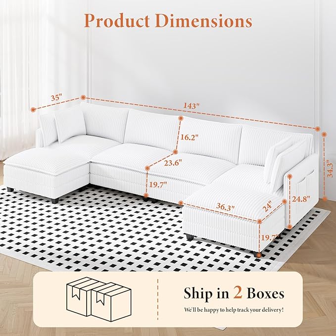 Vesgantti 143" U Shaped Sectional Modular Couch, Comfy Corduroy Upholstered