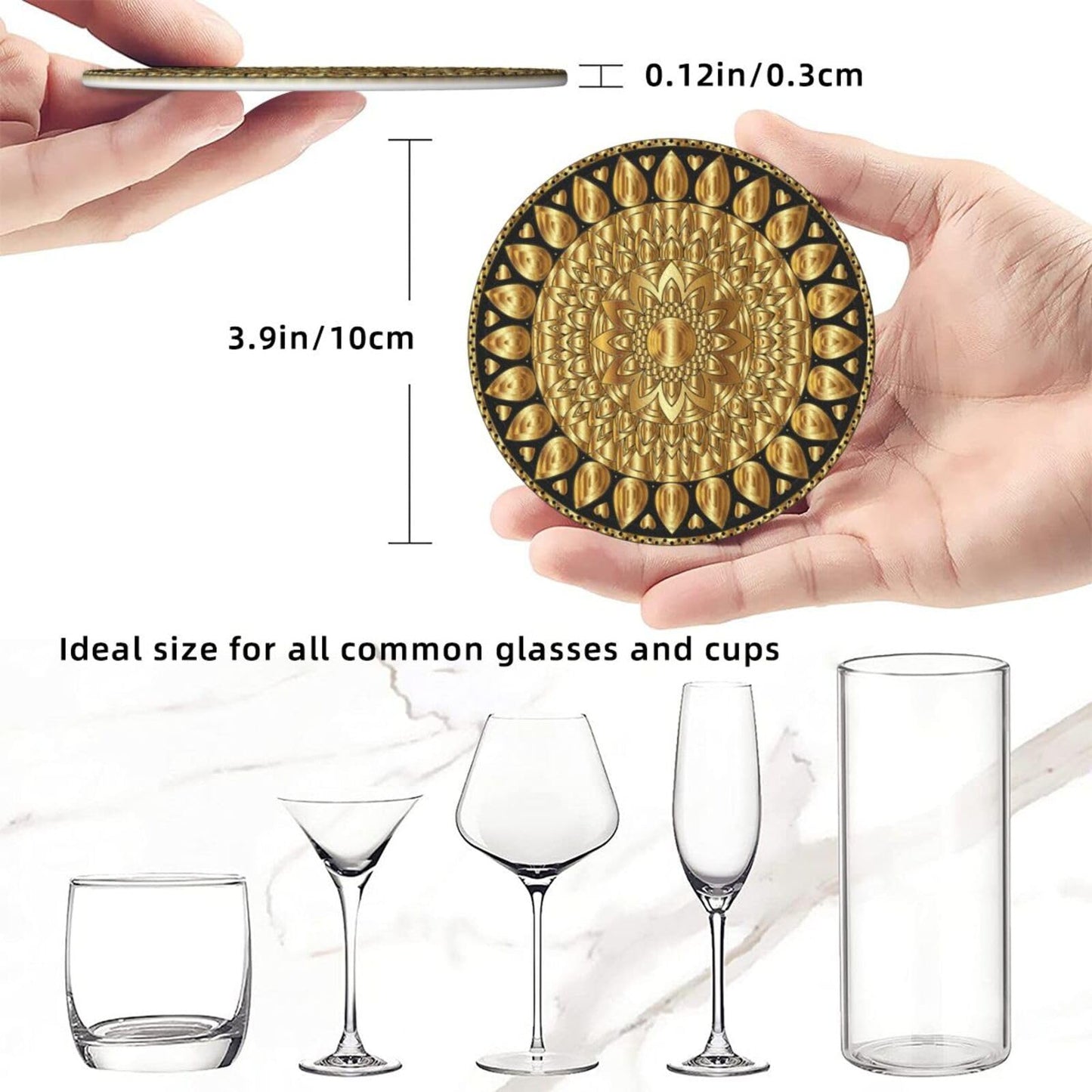 BOXIMIAO Drink Coasters with Holder Stand Set of 6, Pu Leather Absorbent Coasters with Cork Base Table Coaster Round Coasters for Housewarming Apartment Kitchen Bar Decor Mandala Art Floral Gold