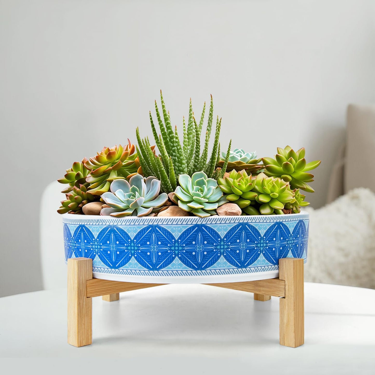ARTKETTY Succulent Pots - 11 Inch Large Plant Pots Ceramic Bonsai Pots with Drainage Stand, Shallow Succulent Planters for Indoor Plants Decorative Flower Cactus Planter Bowl