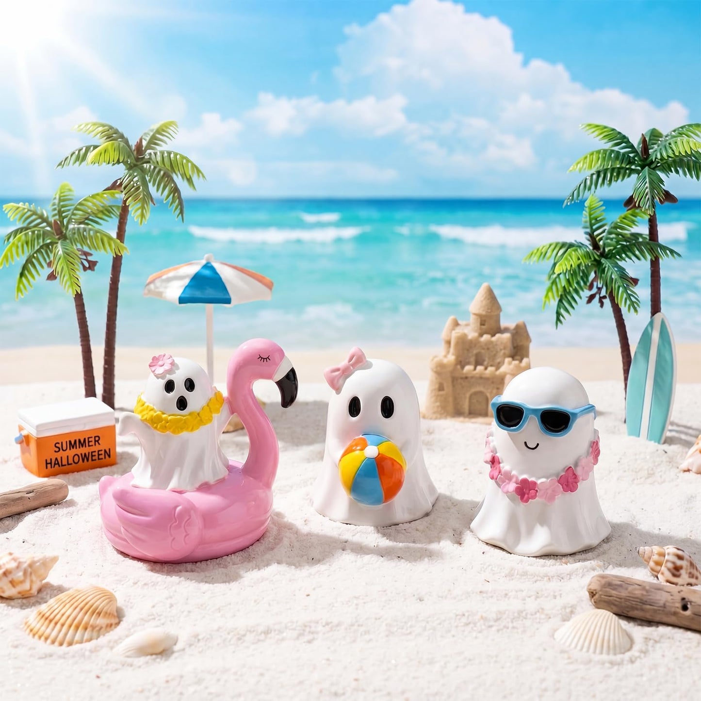Amyhill 3 Pcs Summer Halloween Ghost Decor Set Ghost Figurines 2.8" Cute Tropical Beach Resin Statues with Flamingo Float Garland Sunglasses Mini Spooky Tiered Tray Decor for Home Office Shelf