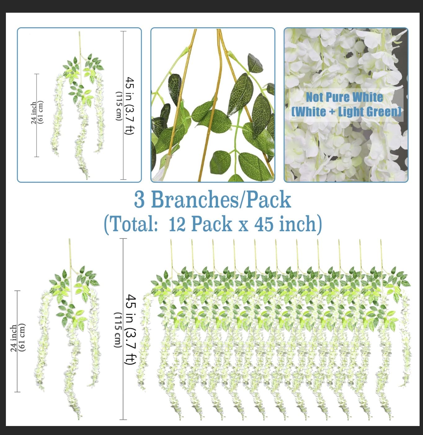 GPARK (36 Branches 12 Pack /45 inch /3.7ft Wisteria Hanging Artificial Flowers Fake Bushy Silk Vine Garland String for Wedding Party Garden Greenery Home Wall Deco Beige+Green+White