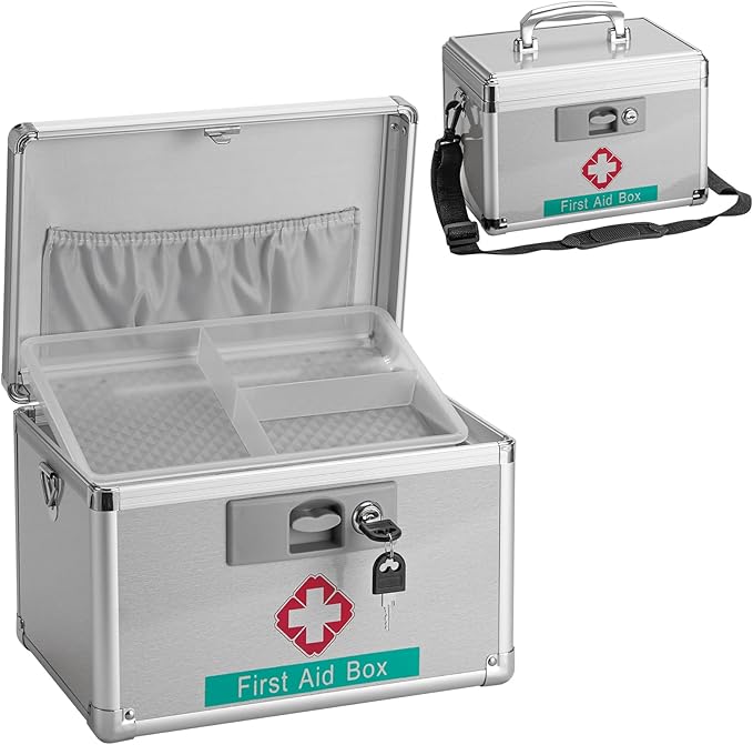 GODLONSEN Medicine Storage Box with Key - 15 x 8.7 x 9.4 Inches -Empty Lock First Aid Box for Drugs & Pill, Medical Organizer Container For Home/Outdoor (Silver/X-Large)