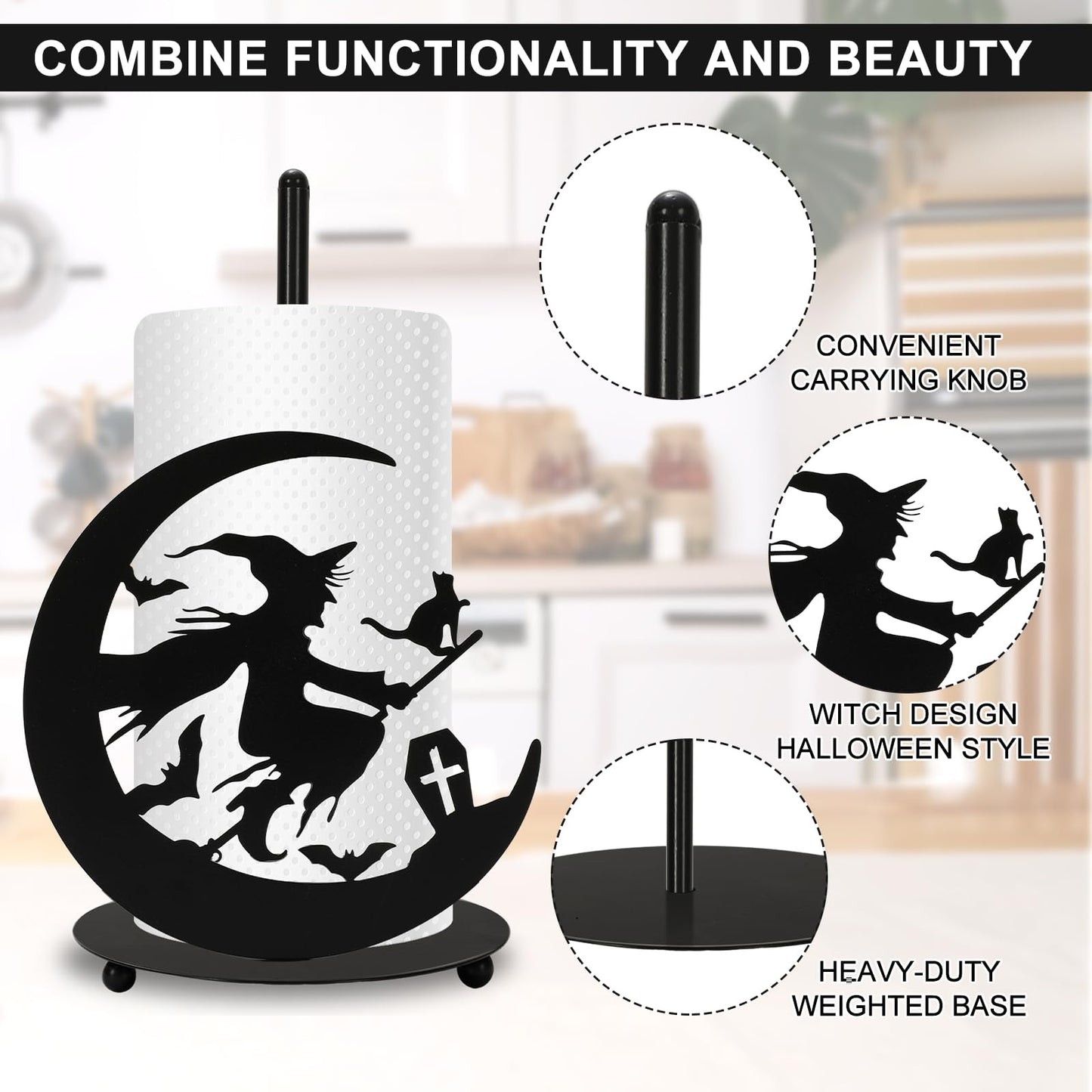 JarThenaAMCS Halloween Paper Towel Holder Black Witch Kitchen Decor Accessories Metal Towel Holder Stand for Home Bathroom Countertop Decor