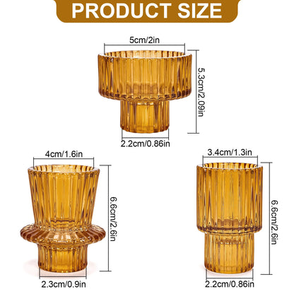 Toptime Candlestick Holders Set of 6, Ribbed Glass Taper Candle Holders, Reversible Amber Tealight & Candle Stick Candle Holder Vintage Crystal Tapered Candlestick for Wedding Dinner Party Festival