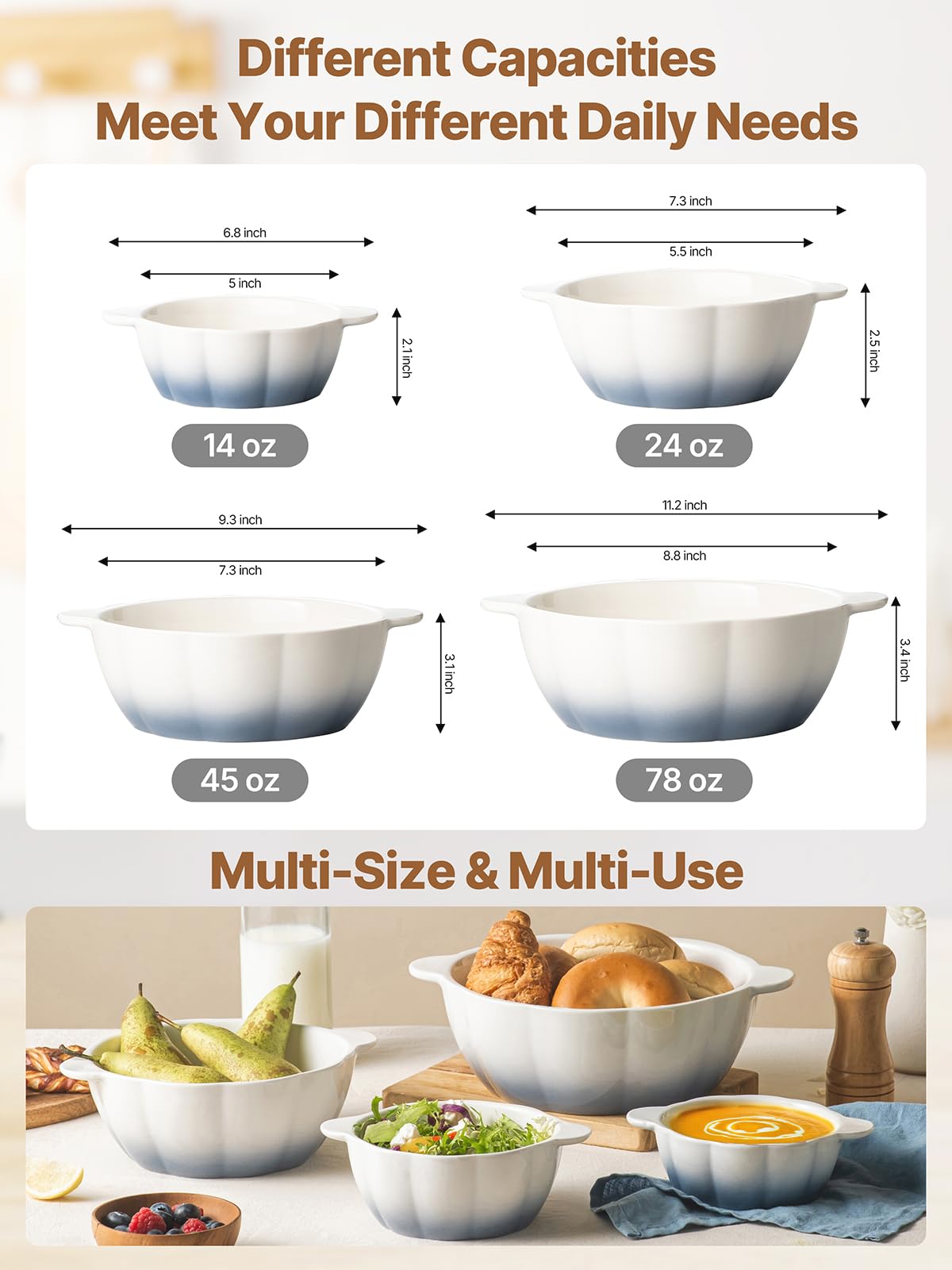 MISSYSSIM Large Soup Bowls Set of 4, Pumpkin Microwave Mixing Bowls with Handle, Ceramic Serving Bowls for Prepping, Pasta, Salad - Kitchen Cooking and Baking Supplies, Mothers Day Gift