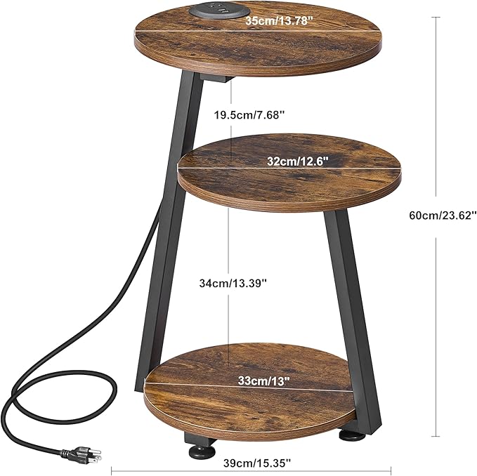 BEWISHOME Round End Table with Charging Station, Side Table Accent Nightstand