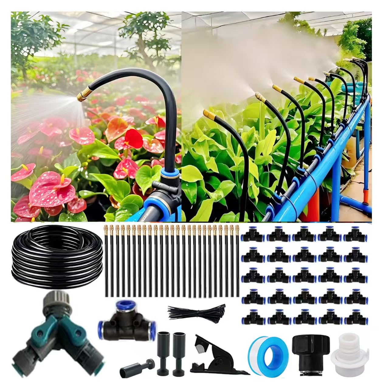 Drip Irrigation Kit Automatic Watering System for Potted Plants, 360 Degree Adjustable Copper Micro Sprinklers, Quick Connect Tubing Fittings for Garden, Lawn, Patio, Balcony (100 FT)