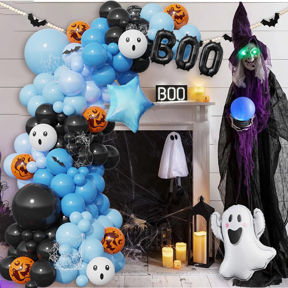 A Little Boo Is Almost Due Balloon Arch Kit, Black Blue Orange Latex Balloons with Boo and Ghost Foil Balloons, 152 Pcs for A Little Boo Is Almost Due Baby Shower Halloween Birthday Party Decorations