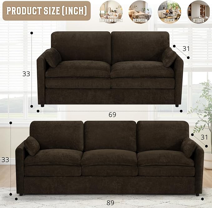 Comfy Chenille Sofa Set with Well-Filled Pillows, Modern 3 Seater and Loveseat
