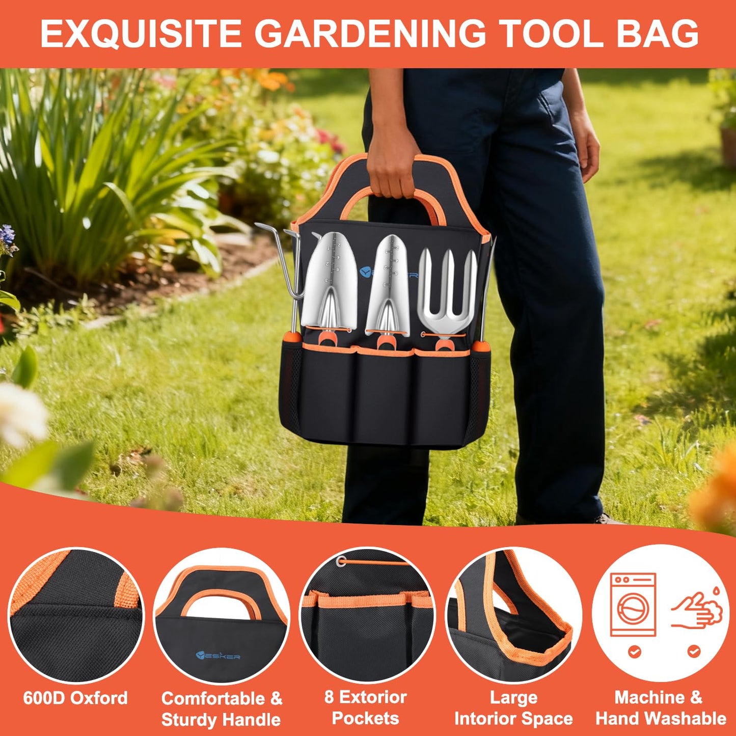Yesker Gardening Tools 7-Piece Heavy Duty Garden Tool Set Gardening Supplies Gifts for Women Men Gardening Hand Tool Kit with Non-Slip Ergonomic Handle, Garden Bag, Pruning Shears, Black Orange