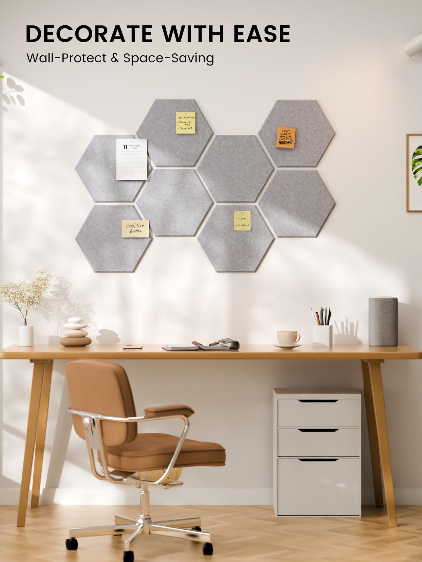 Fluxynara Hexagon Cork Board Alternative for Walls Decor-8-Pack Felt Bulletin Board Tiles,with 30 Pushpins,50 Adhesive Tabs for Office,Classrooms & Home Pin Board Felt Board-Soft Gray
