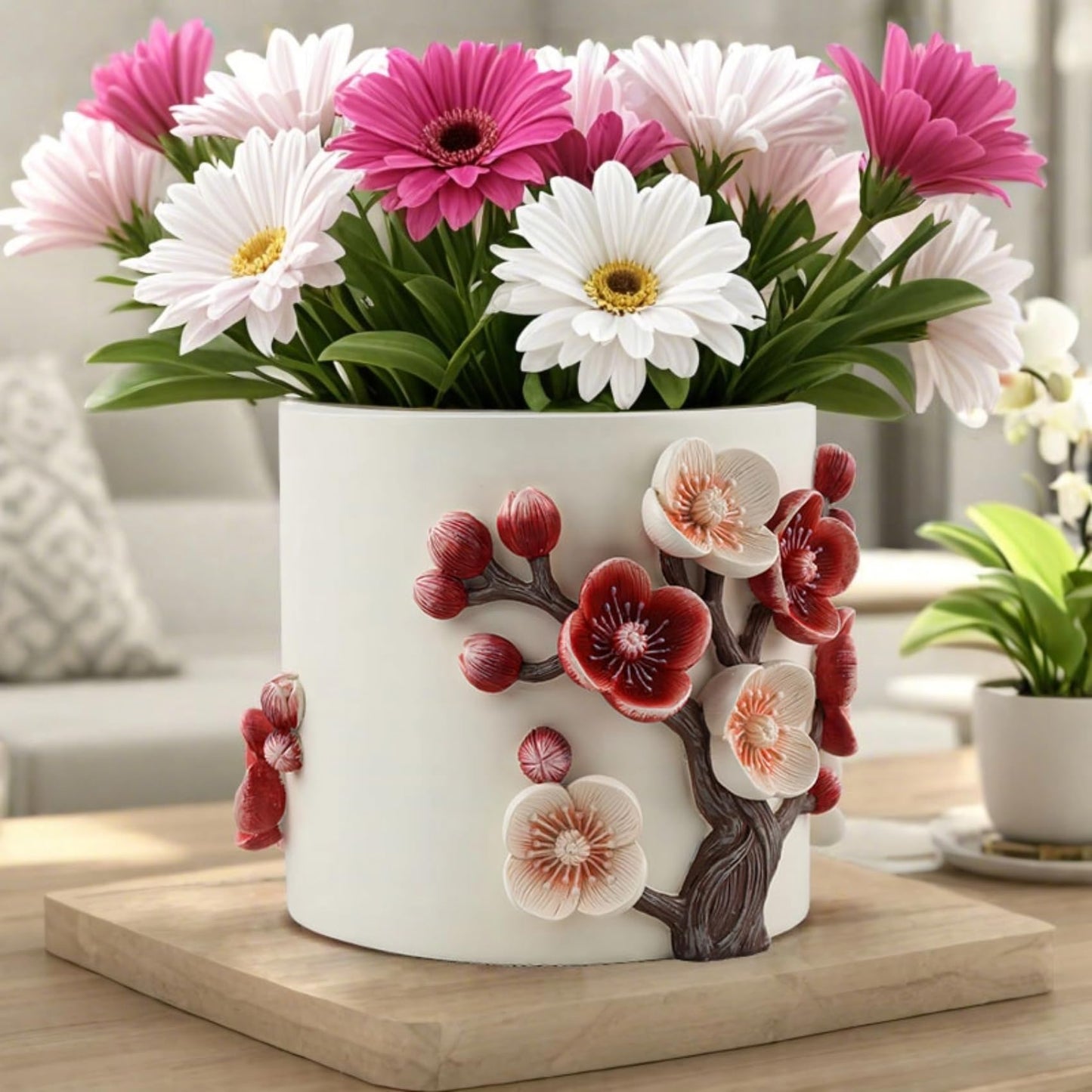 Gueiddi Flower Pot, 5 Inch Cute Plant Pots with Plum Blossom Design, Resin Decorative Flower Pots with Drainage for Indoor Plants, Succulents, Home and Garden Decor