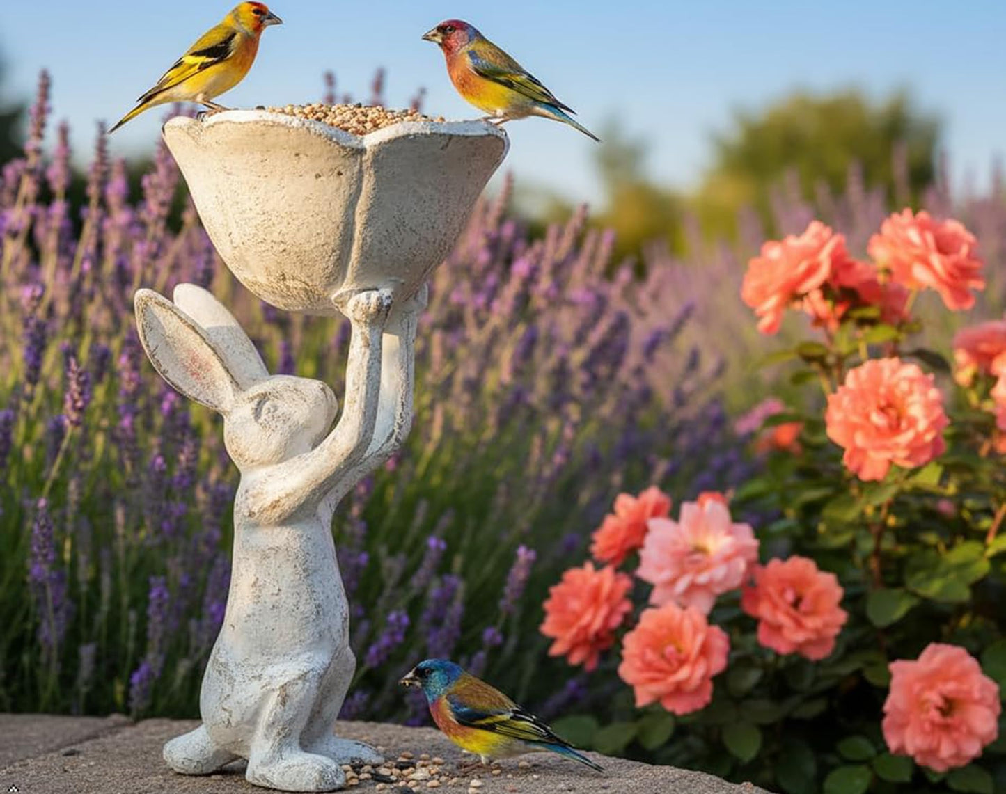 Antique White Cast Iron Rabbit with Flower Bird Feeder - 6 Inch Plant Pot or Feeder - (Cute Planter for Garden Decor for Outside)