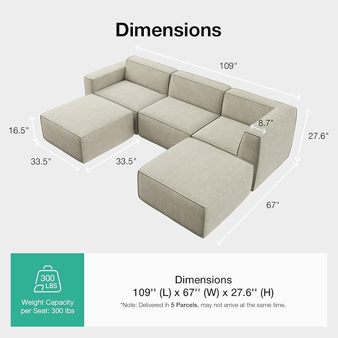 Novilla 109" Modular Sectional Sofa, No Assembly Cloud Sectional Couch
