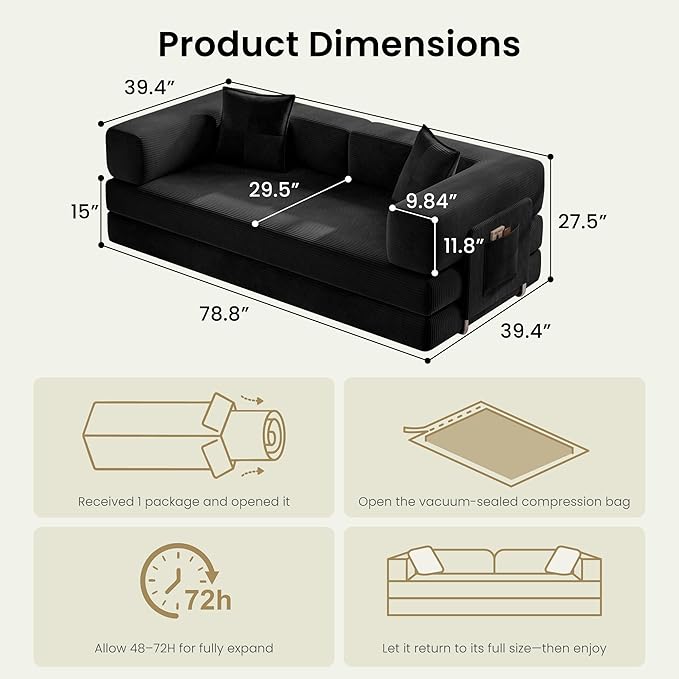 78.8" Convertible Sofa Bed, Corduroy Futon Couch