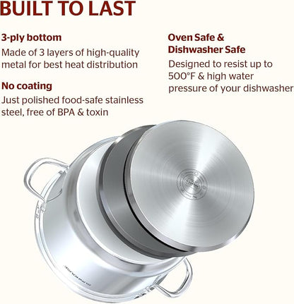 Sunhouse Stock Pot with Lid - 7 QT Large Pot for Cooking Pasta, Soup, Spaghetti - Impact Bonding Base Big Stainless Steel Pots for Canning, Boiling - Oven Safe & Induction Compatible Cookware