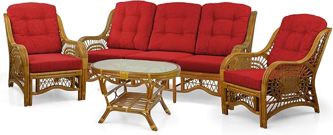 Malibu Lounge Set of 4: 2 Natural Rattan Wicker Chairs, Three-Seater Sofa