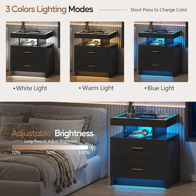 LED Nightstand Set 2 with Wireless Charging Station, Glass Top Smart Bedside