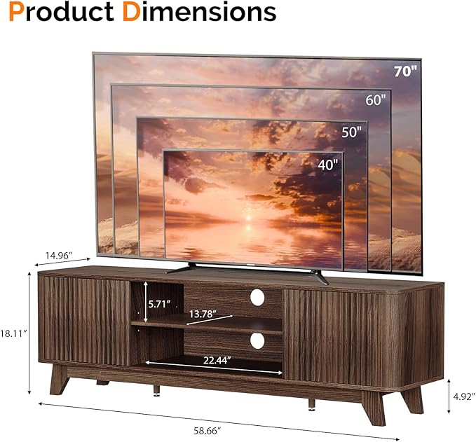 VINGLI 58.6" TV Stand up for 70 Inch TV, Mid Century Entertainment Center