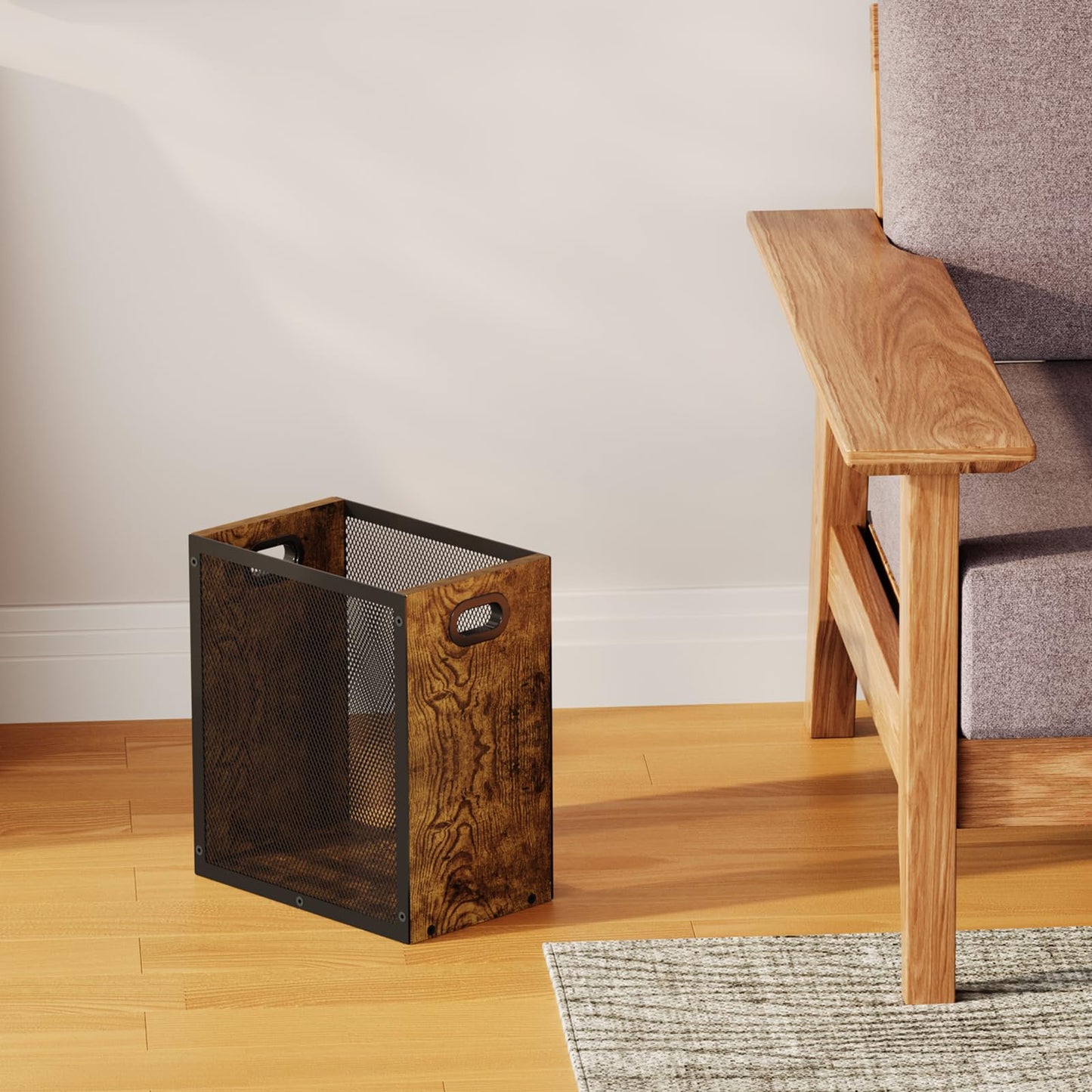 Small Trash Can, Retro Garbage Can With Handle, Iron and Wood Combination Office Trash Can, Industrial Style Design Wastebasket Bin for Bathroom, Laundry Room, Kitchen, Office, Dorm(2.2 Gallon)
